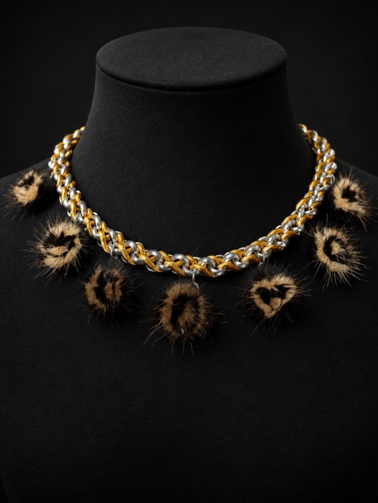 Dvora Harell Jewelry - Mixed Metal Chain Necklace with Brown Fur Pom Accents